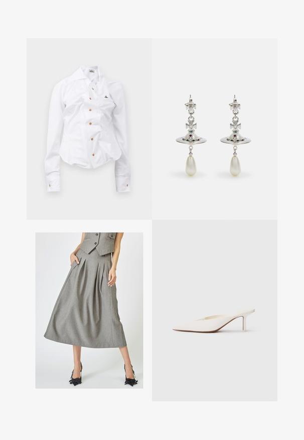Valkoinen pitkähihaisen paita, jossa on slim fit -muotoilu. Sisältää suuren kauluksen, edessä nappisuljenta ruskeilla nappeilla sekä pienen brodeeratun logon.; Hame gray kassa, joka on valmistettu rakenteellisesta kankaasta, sivutaskuilla ja A-linjaisella muotoilulla, yhdessä mustien korkokenkien kanssa.; Valkoiset, teräväkärkiset muulit matalalla stiletto-korolla. Valmistettu sileästä materiaalista, minimalistisella muotoilulla ja hienovaraisella ruskealla pohjadossilla.; Hope hopea, jossa on pyöreä muoto, koristeltu kimaltavilla kivillä ja tipan muotoisella helmipendaatilla. Erityinen muotoilu monimutkaisilla yksityiskohdilla.