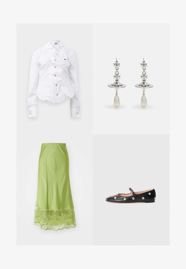 Biela dlhá košeľa s priliehavým strihom. Má veľký golier, predné zapínanie na hnedé gombíky a malé vyšívané logo.; Dlhá sukňa limetkovej farby vyrobená z hladkej látky. Na dni má čipkový lem a kvietkový vzor vyšívaný v zodpovedajúcej farbe.; Čierne kožené baleríny typu Mary Jane s okrúhlou špičkou, so striebornými kruhovými cvokmi a nastaviteľným remienkom so sponou.; Strieborné náušnice s obručou v tvare kruhu, zdobené žiariacimi kameňmi a perlou v tvare kvapky. Výnimočný dizajn s prepracovanými detailami.