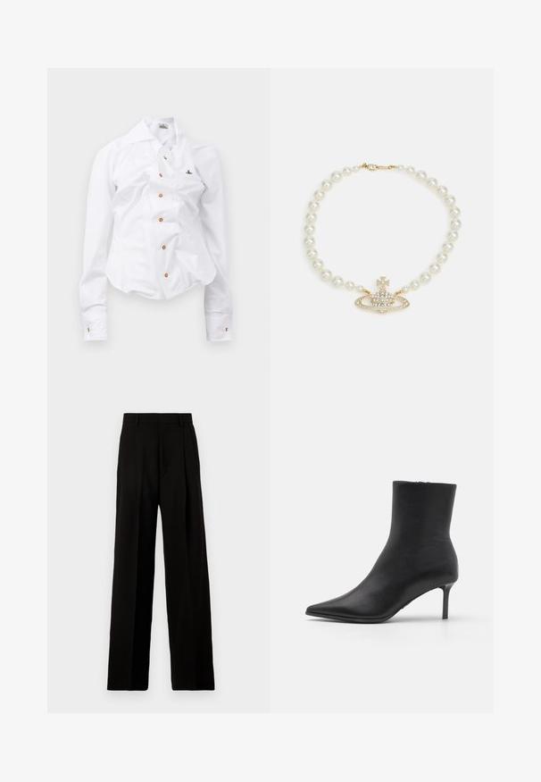 Chemise blanche à manches longues au design ajusté. Dispose d'un grand col, d'une fermeture à boutons sur le devant avec des boutons marron, et d'un petit logo brodé.; Pantalons larges noirs en tissu lisse, avec une taille haute, des plis avant et un design épuré et ajusté sans embellissements.; Botte de cheville en cuir noir avec un bout pointu et un talon aiguille slim de hauteur moyenne, sur un fond blanc uni.; Vivienne Westwood ONE ROW BAS RELIEF CHOKER - Collier - gold-coloured/cream