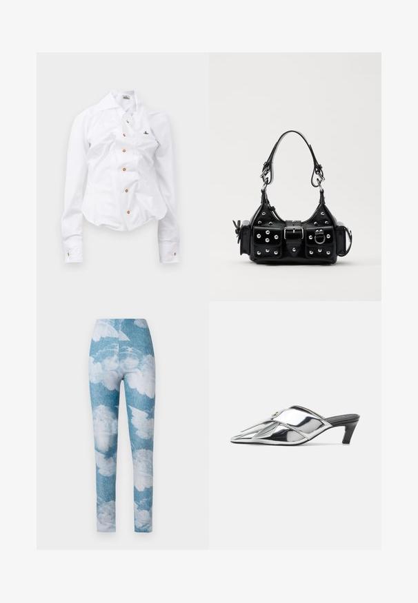 Vit långärmad skjorta med en figurnära design. Har en stor krage, framknäppning med bruna knappar och en liten broderad logotyp.; Leggings med en bakgrund i blå denim och vita molnmönster. Tyget verkar vara elastiskt med en figurnära design och ankellängd.; Silvermetalliska klackskor med spetsig tå, tvärgående remmar, en liten blockklack och en slät, glansig yta.; Svart läderhandväska med en kurvad design, prydd med silverfärgade nitar, ett spänne och två sidofickor. Justerbar rem för olika bäralternativ.