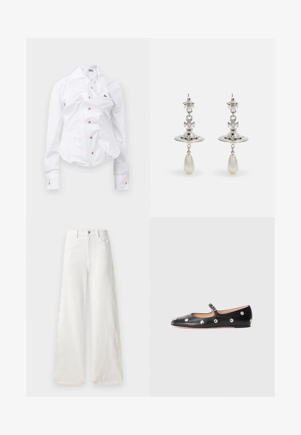 Bílá košile s dlouhým rukávem a přiléhavým střihem. Má velký límec, přední zapínání na knoflíky s hnědými knoflíky a malé vyšívané logo.; Bílé volné džínové kalhoty s bočními výšivkami a tradičním designem pěti kapes. Zapínání na zip s knoflíkem.; Černé kožené baleríny typu Mary Jane s kulatou špičkou, zdobené stříbrnými kulatými nýty a nastavovacími popruhy se sponou.; Stříbrné náušnice s kruhovým kroužkem, zdobené třpytivými kameny a kapkovou perlou jako přívěskem. Výrazný design s propracovanými detaily.