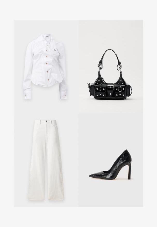 Witte longsleeve shirt met een getailleerd ontwerp. Voorzien van een grote kraag, sluiting met knopen aan de voorkant met bruine knopen en een klein geborduurd logo.; Witte wijde jeans van denim met zijborduursels en een traditionele vijf-pocketontwerp. Ritsluiting met een knop.; Zwarte puntige hoge hak schoen met een krokodillenleren textuur, met een slank ontwerp, hoge stiletto-hak, en een gladde zwarte binnenkant.; Zwarte lederen handtas met een gebogen ontwerp, voorzien van zilveren studs, een gesp en twee zijvakken. Verstelbare schouderband voor verschillende draagmogelijkheden.