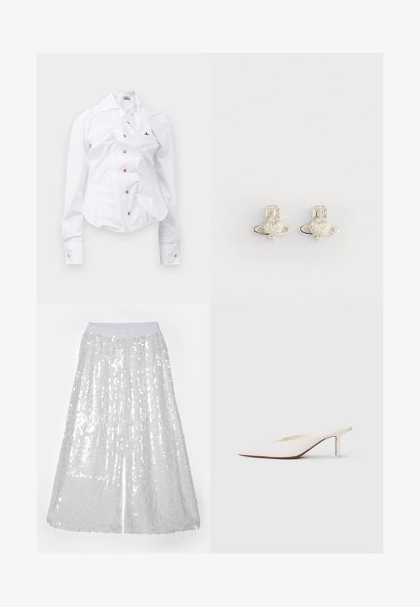 Witte longsleeve shirt met een getailleerd ontwerp. Voorzien van een grote kraag, sluiting met knopen aan de voorkant met bruine knopen en een klein geborduurd logo.; Norma Kamali BOYFRIEND ELEPHANT - Broek - clear/white; Witte muiltjes met spitse neus en een lage stilettohak. Gemaakt van glad materiaal met een minimalistisch ontwerp en subtiele tan kleurige zooldetails.; Zilveren oorbellen met een hartvormig ontwerp, omringd door een ring, versierd met kleine heldere stenen en een gedetailleerde kruisaccent.