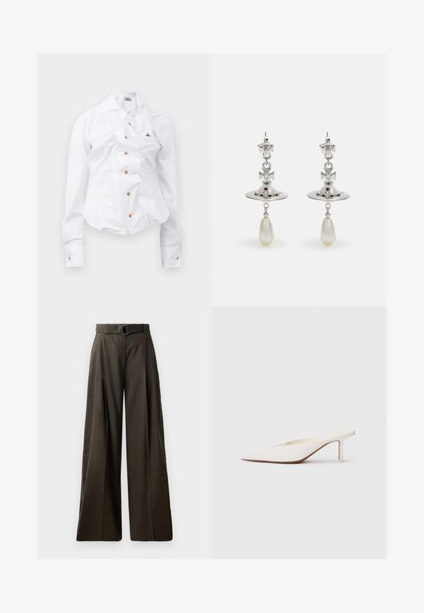White long-sleeve shirt with a fitted design. Features a large collar, front button closure with brown buttons, and a small embroidered logo.; High-waisted, wide-leg trousers in dark brown fabric with a smooth texture. Features a matching belt with a circular buckle and pleated design.; Pointed-toe white mule with a low stiletto heel. Made of smooth material with a minimalist design and subtle tan sole detail.; Silver earrings featuring a circular hoop, adorned with sparkling stones and a teardrop pearl pendant. Distinctive design with intricate accents.