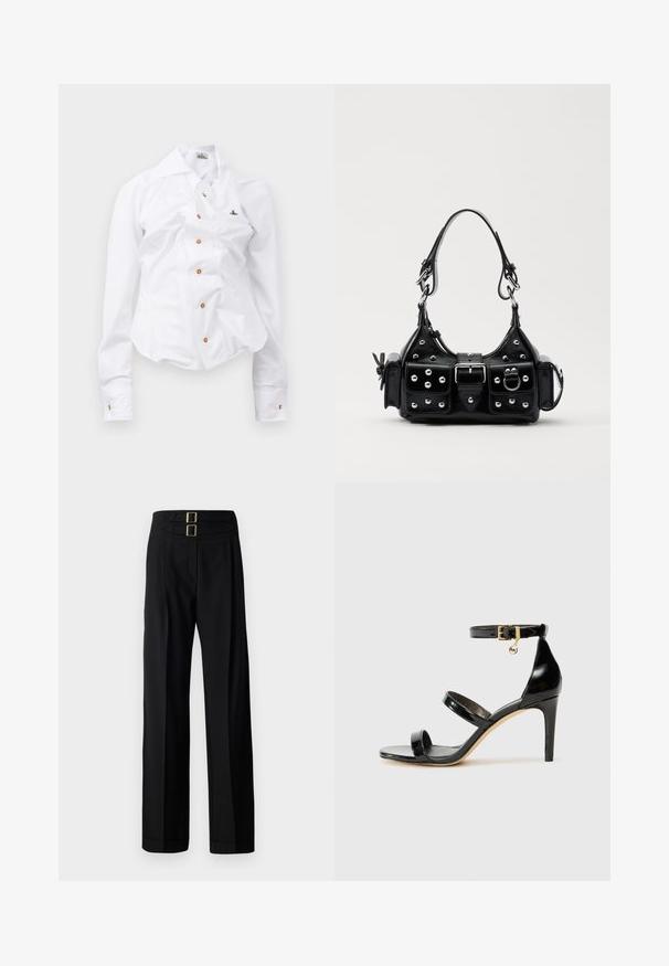 Bílá košile s dlouhým rukávem a přiléhavým střihem. Má velký límec, přední zapínání na knoflíky s hnědými knoflíky a malé vyšívané logo.; Černé kalhoty s vysokým pasem, dvěma obdélníkovými zlatými sponami, širokým střihem nohavic a hladkým texturovaným materiálem.; Černé lakované kožené sandály se třemi pásky, sponou na kotníku a 10 cm jehlovým podpatkem. Obsahují zlaté kovové detaily a logo přívěsek.; Černá kožená kabelka s křivkovým designem, zdobená stříbrnými hřebíky, s přezkou a dvěma bočními kapsami. Nastavitelný popruh pro různé možnosti nošení.