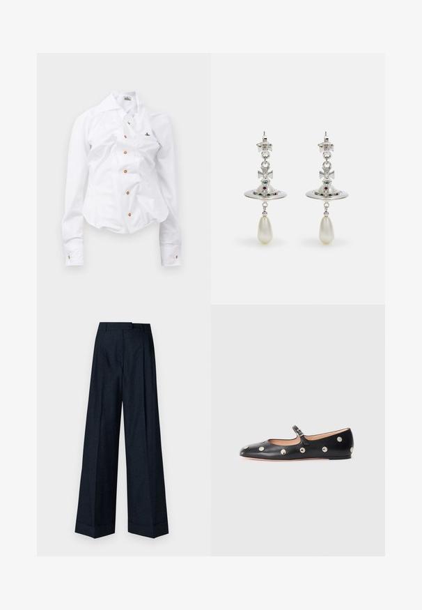 Bela srajca z dolgimi rokavi in prirezano obliko. Ima velik ovratnik, sprednje zapiranje na gumbe v rjavi barvi in majhen izvezen logotip.; Hlače širokega kroja v temno modri barvi, z diskretnim strukturiranim cvetličnim vzorcem, prirejenim pasom in ostrimi manšetami na robu.; Črne usnjene Mary Jane balerinke z zaobljenim noskom, opremljene z zlatimi krožnimi mošnjo in nastavljivim trakom z zaponko.; Srebrni uhani z okroglo zanko, okrašeni s sijočimi kamni in kapljičasto biserno obeskom. Oznaka svojstvene zasnove z zapletenimi detajli.
