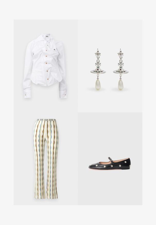 Bílá košile s dlouhým rukávem a přiléhavým střihem. Má velký límec, přední zapínání na knoflíky s hnědými knoflíky a malé vyšívané logo.; Rozšířené kalhoty vyrobené z texturované látky s vertikálními pruhy v modré, hnědé, zelené a žluté barvě, s pruhovaným pasem.; Černé kožené baleríny typu Mary Jane s kulatou špičkou, zdobené stříbrnými kulatými nýty a nastavovacími popruhy se sponou.; Stříbrné náušnice s kruhovým kroužkem, zdobené třpytivými kameny a kapkovou perlou jako přívěskem. Výrazný design s propracovanými detaily.