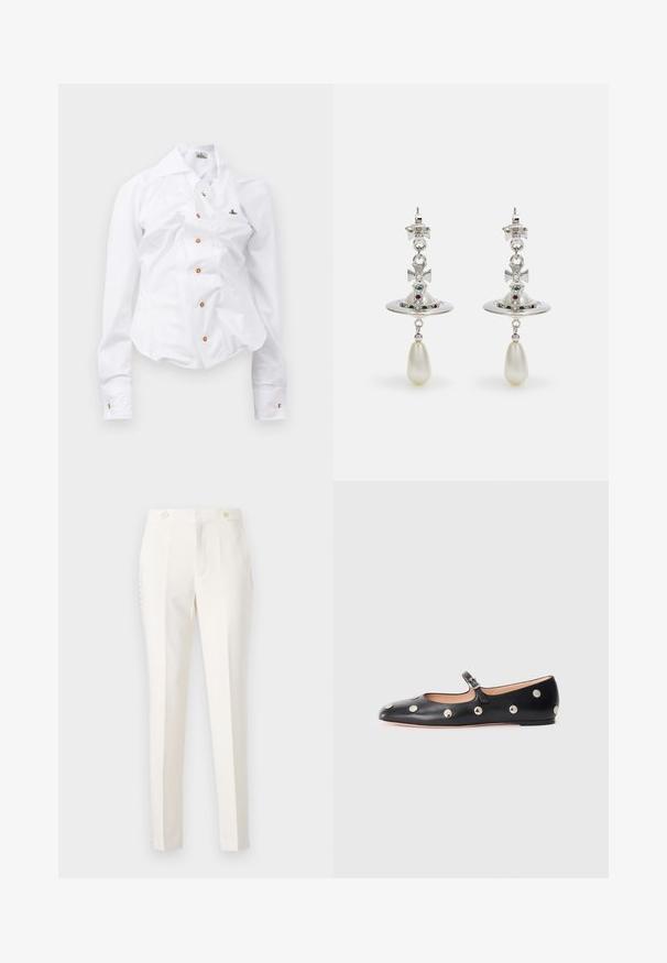 White long-sleeve shirt with a fitted design. Features a large collar, front button closure with brown buttons, and a small embroidered logo.; White tailored trousers with a slim fit, featuring two front pockets, double-button closure, and subtle side detailing. Smooth texture.; Black leather Mary Jane flat shoe with a rounded toe, featuring silver circular studs and an adjustable strap with a buckle.; Silver earrings featuring a circular hoop, adorned with sparkling stones and a teardrop pearl pendant. Distinctive design with intricate accents.
