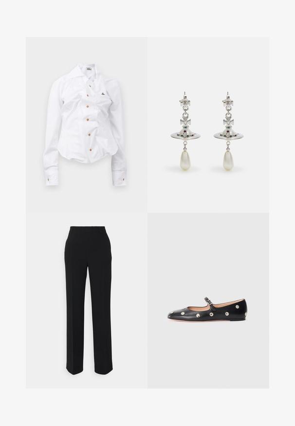 Biela dlhá košeľa s priliehavým strihom. Má veľký golier, predné zapínanie na hnedé gombíky a malé vyšívané logo.; Čierne nohavice so straight-leg strihom a hladkou textúrou. Obsahujú pás a nemajú viditeľné vzory alebo akcenty. Klasický a presne strihnutý dizajn.; Čierne kožené baleríny typu Mary Jane s okrúhlou špičkou, so striebornými kruhovými cvokmi a nastaviteľným remienkom so sponou.; Strieborné náušnice s obručou v tvare kruhu, zdobené žiariacimi kameňmi a perlou v tvare kvapky. Výnimočný dizajn s prepracovanými detailami.