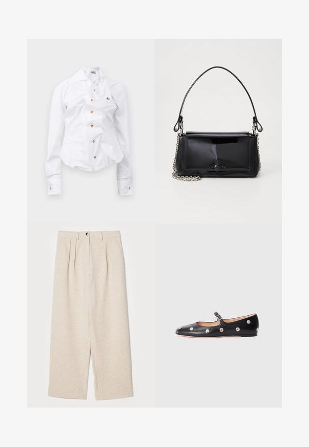 White long-sleeve shirt with a fitted design. Features a large collar, front button closure with brown buttons, and a small embroidered logo.; Proenza Schouler White Label TRISTAN PANT IN CLOQUE - Trousers - oatmeal melange; Black leather Mary Jane flat shoe with a rounded toe, featuring silver circular studs and an adjustable strap with a buckle.; Black patent leather handbag with a rectangular shape, chain strap, and a distinctive hardware accent in the center. Smooth texture.