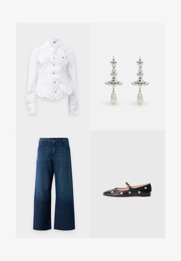 Bela srajca z dolgimi rokavi in prirezano obliko. Ima velik ovratnik, sprednje zapiranje na gumbe v rjavi barvi in majhen izvezen logotip.; Široke temno modre kavbojke iz denima z gumbom spredaj, zanke za pas in klasičnim petim žepnim dizajnom na enobarvni podlagi.; Črne usnjene Mary Jane balerinke z zaobljenim noskom, opremljene z zlatimi krožnimi mošnjo in nastavljivim trakom z zaponko.; Srebrni uhani z okroglo zanko, okrašeni s sijočimi kamni in kapljičasto biserno obeskom. Oznaka svojstvene zasnove z zapletenimi detajli.