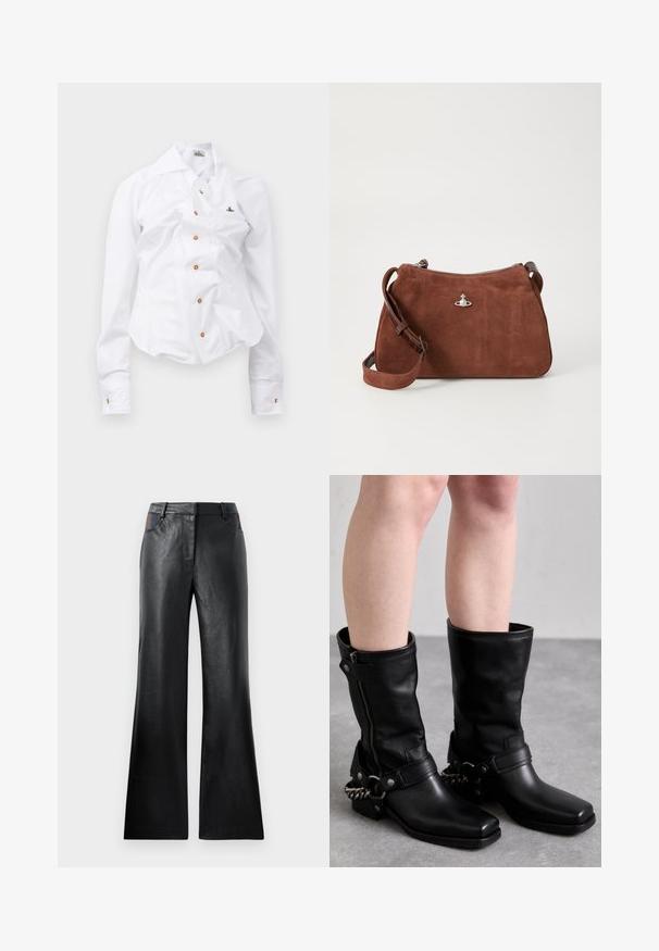 Valge pika varrukaga särk, millel on vormitud disain. Iseloomustab suur krae, ees nupuga sule avamine pruunide nuppudega ja väike broderi logo.; Mustad nahast flared püksid sujuva tekstuuriga, mis sisaldavad kahte eesmist taskut mustade ja pruunide aktsentidega vöökoha lähedal.; Mustad mustad kõrge teksad mustast nahast ruudukujulise varbaga, külgrihmaga ja reguleeritava rihmaga, millel on metallketi aksent. Mati viimistlus ja tugev tald.; Pruun seemisnahast käekott, millel on tõmblukk, reguleeritav õlarihm ja hõbedased metalldetailid, millel on peene tekstuuriga pind.