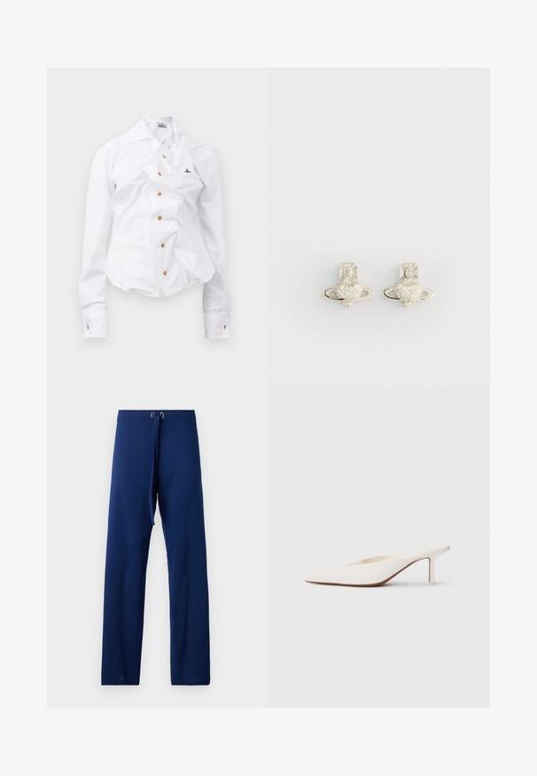 White long-sleeve shirt with a fitted design. Features a large collar, front button closure with brown buttons, and a small embroidered logo.; Navy blue pants with a loose fit, made from smooth fabric. Features a drawstring waist and gold-tone eyelets for adjustments.; Pointed-toe white mule with a low stiletto heel. Made of smooth material with a minimalist design and subtle tan sole detail.; Silver earrings featuring a heart-shaped design with a ring around it, embellished with small clear stones and a detailed cross accent.