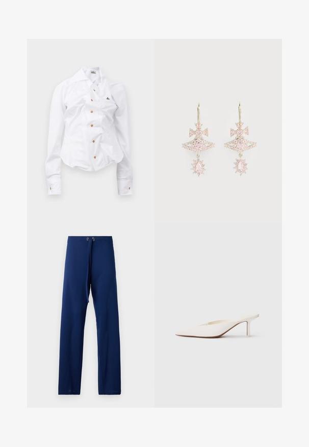 Bijela košulja dugih rukava s uskim dizajnom. Sadrži veliki ovratnik, prednje zatvaranje na gumbe smeđe boje i mali vezeni logotip.; Pantalone tamnoplave boje s opuštenim krojem, izrađeni od glatkog materijala. Imaju pojas sa vezicom i zlatne uške za podešavanje.; Bijele mule sa šiljastim vrhom i niskom stiletto petom. Napravljene su od glatkog materijala s minimalističkim dizajnom i suptilnim bež detaljem na potplatu.; Ružičaste naušnice s dizajnom mašnice, koji imaju složenu strukturu i sjajne akcentne detalje; metalna oprema zadržava sjajnu obradu.