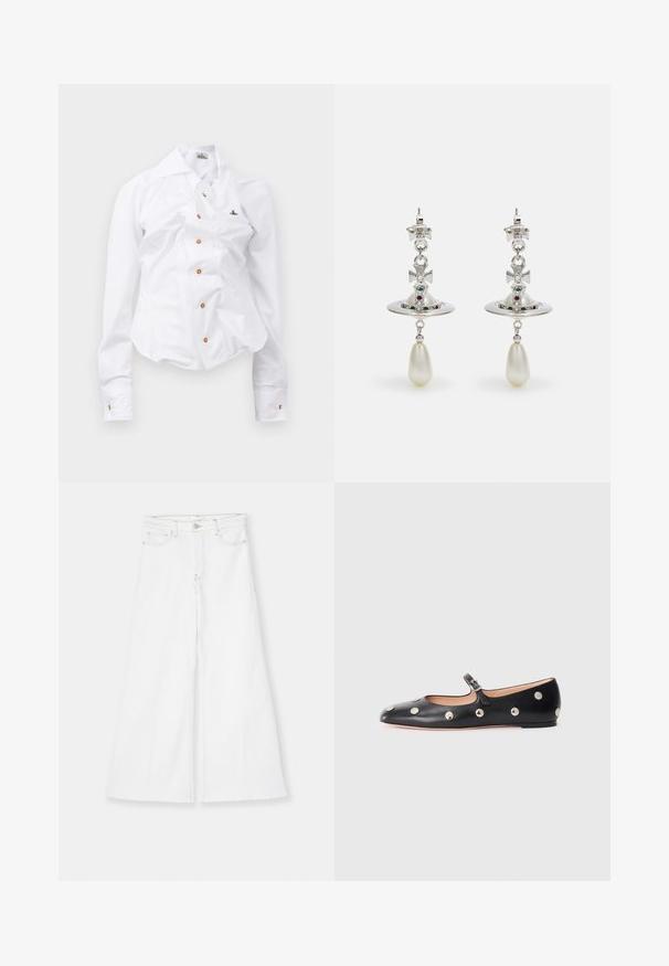 White long-sleeve shirt with a fitted design. Features a large collar, front button closure with brown buttons, and a small embroidered logo.; FRAME LE PALAZZO CROP RAW FRAY - Flared Jeans - white; Black leather Mary Jane flat shoe with a rounded toe, featuring silver circular studs and an adjustable strap with a buckle.; Silver earrings featuring a circular hoop, adorned with sparkling stones and a teardrop pearl pendant. Distinctive design with intricate accents.