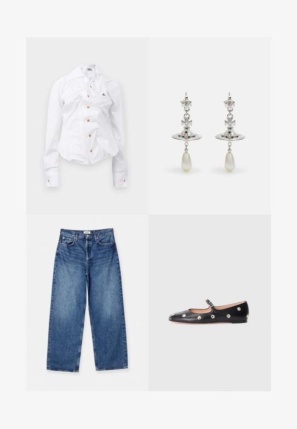 Fehér, hosszú ujjú ing, karcsú szabással. Nagy gallérral, elöl barna gombos záródással, és egy kis hímzett logóval rendelkezik.; Világoskék, bővebb nadrágfarmerek denim anyagból, klasszikus öt zsebes dizájnjukkal, látható varrással és közepes magasságú derékrésszel.; Fekete bőr Mary Jane lapossarkú cipő, lekerekített orral, ezüst színű kör alakú szegecsekkel és állítható pánttal, csattal.; Ezüst fülbevalók, kör alakú karikával, ragyogó kövekkel díszítve, és egy csepp formájú gyöngy medállal. Különleges design finom részletekkel.