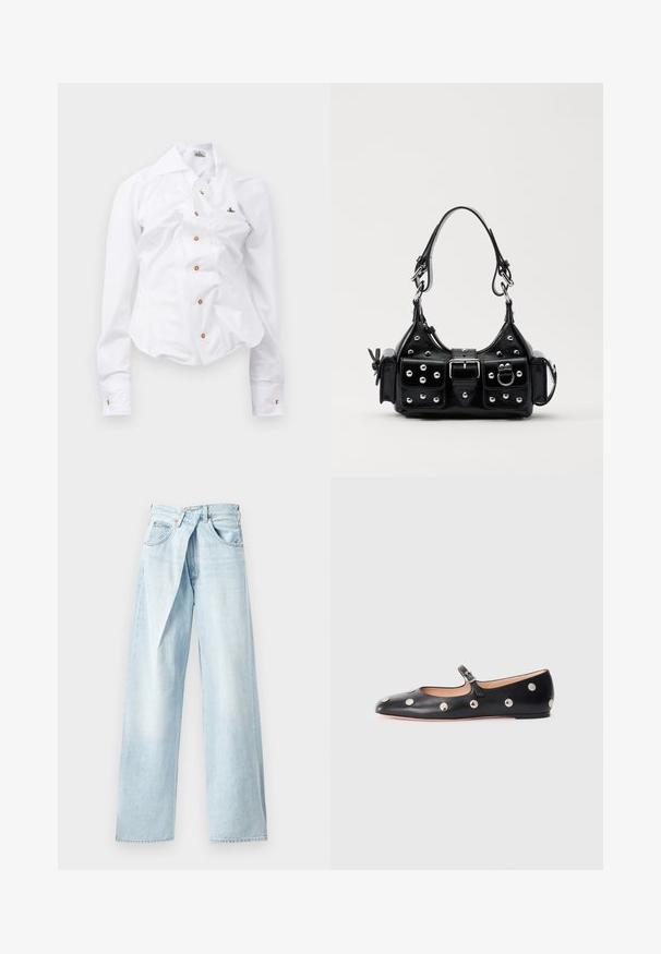 Balts garām piedurknēm krekls ar pieguļošu dizainu. Iekļauj lielu apkakli, priekšējo pogu aizdari ar brūnām pogām un mazu izbrodētu logotipu.; Gaiši zili platā kāju džinsi, izgatavoti no denima, ar unikālu krustenisku jostas līniju un piecu kabatu dizainu. Gluda tekstūra un taisni griezumi.; Melna ādas Mary Jane līdzena zābaku ar noapaļotu purngalu, kurā ir sudraba apaļie kniedes un regulējama siksniņa ar sprādzi.; Melnas ādas rokturmais ar izliekumu, ar sudraba iedurtiem, sprādzi un divām sānu kabatām. Regulējams siksniņas garums dažādām nēsāšanas iespējām.