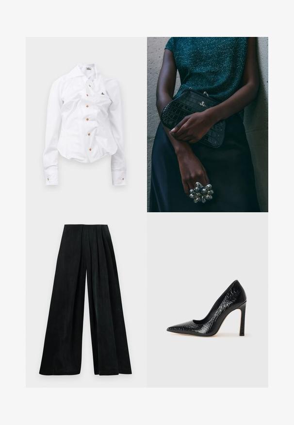 Bílá košile s dlouhým rukávem a přiléhavým střihem. Má velký límec, přední zapínání na knoflíky s hnědými knoflíky a malé vyšívané logo.; Široké kalhoty z tmavozelené látky, s plisováním v pase. Hladká textura s volným siluetu. Bez viditelného hardwaru nebo vzorů.; Černý lodičkový bot s špičatou špičkou, pokrytý texturou krokodýlí kůže, s elegantním designem, vysokým stiletto podpatkem a hladkým černým interiérem.; Černá kabelka ve tvaru psaníčka s krokodýlím vzorem a stříbrným kováním, držena proti texturovanému šedému pozadí. Vyznačuje se lesklým povrchem.