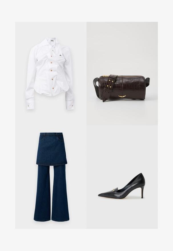 Bílá košile s dlouhým rukávem a přiléhavým střihem. Má velký límec, přední zapínání na knoflíky s hnědými knoflíky a malé vyšívané logo.; Tmavé džíny z denimu s překryvem z vrstvené sukně, široké nohavice a kapsy, zakončené čistým lemem a klasickým šitím.; Černé kožené lodičky s špičatou špičkou, nízkým svrškem a dekorativním zlatým akcentem. Mají jehlový podpatek a hladkou texturu.; Hnědá kabelka z krokodýlí kůže s embosováním, cylindrického tvaru, se zlacenými kovovými prvky a odnímatelným popruhem se hroty.