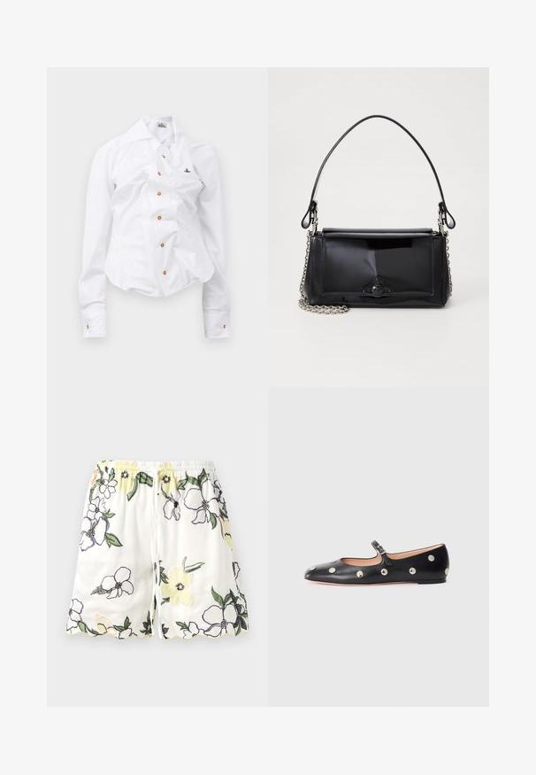 Vit långärmad skjorta med en figurnära design. Har en stor krage, framknäppning med bruna knappar och en liten broderad logotyp.; Vita shorts med blommönster i gult, lila och svart. Har elastisk midja och vågig avslutning. Dragsko stängning.; Svart läder Mary Jane lägenhetssko med rund tå, prydd med silverfärgade cirkulära nitar och ett justerbart band med spänne.; Svart lackläderhandväska med rektangulär form, kedjestropp och en distinkt hårdvaruaccent i mitten. Slät textur.