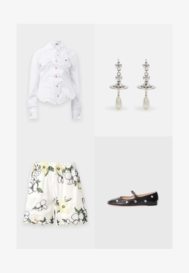 Bela srajca z dolgimi rokavi in prirezano obliko. Ima velik ovratnik, sprednje zapiranje na gumbe v rjavi barvi in majhen izvezen logotip.; Bele hlače z rožnatim vezenjem v rumeni, vijolični in črni barvi. Imajo elastičen pas in robove v obliki školjke. Zapiranje z vrvico.; Črne usnjene Mary Jane balerinke z zaobljenim noskom, opremljene z zlatimi krožnimi mošnjo in nastavljivim trakom z zaponko.; Srebrni uhani z okroglo zanko, okrašeni s sijočimi kamni in kapljičasto biserno obeskom. Oznaka svojstvene zasnove z zapletenimi detajli.