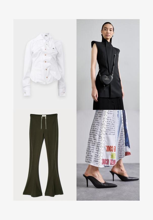 White long-sleeve shirt with a fitted design. Features a large collar, front button closure with brown buttons, and a small embroidered logo.; Dark olive green flared pants made of stretchy material, featuring metallic zipper details and contrasting side seams.; Black leather mules with a pointed toe and stiletto heel, paired with a white patterned garment featuring lace-up details.; Black sleeveless top with structured shoulders, paired with a black leather heart-shaped crossbody bag featuring silver hardware and logo detail.