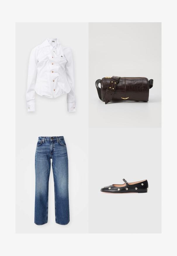 Witte longsleeve shirt met een getailleerd ontwerp. Voorzien van een grote kraag, sluiting met knopen aan de voorkant met bruine knopen en een klein geborduurd logo.; Lichtblauwe jeans met een relaxte pasvorm, voorzien van een hoge taille, rechte pijpen en subtiele vervaging. Gemaakt van denim met zichtbare stiksels en hardware.; Zwarte leren Mary Jane ballerina met een ronde neus, voorzien van zilveren ronde studs en een verstelbaar bandje met een gesp.; Bruine krokodil-embosserende leren tas met een cilindervorm, gouden hardware en een afneembare schouderband met studs.