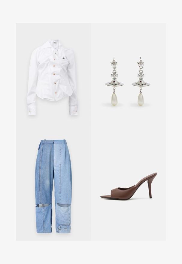 Balts garām piedurknēm krekls ar pieguļošu dizainu. Iekļauj lielu apkakli, priekšējo pogu aizdari ar brūnām pogām un mazu izbrodētu logotipu.; Džinsu bikses ar pleķu dizainu, dažādu toņu zilos, brīvā stilā, ar vairākām kabatām un izgriezuma detaļām pie apakšmalas.; Brūni ādas atvērtas pirksta augstpapēžu čības ar elegantu dizainu, kas iezīmējas ar plašu priekšējo siksniņu un slaidu stiletto papēdi.; Sudraba auskaru dizains ar apaļu gredzenu, rotātu ar mirdzošām akmeņiem un asarveida pērli. Izteiksmīgs dizains ar sarežģītām akcentiem.