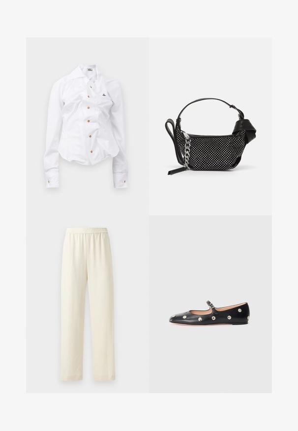 Biela dlhá košeľa s priliehavým strihom. Má veľký golier, predné zapínanie na hnedé gombíky a malé vyšívané logo.; Krémové nohavice rovného strihu s elastickým pásom, hladkou textúrou a bez viditeľných vzorov alebo kovových prvkov.; Čierne kožené baleríny typu Mary Jane s okrúhlou špičkou, so striebornými kruhovými cvokmi a nastaviteľným remienkom so sponou.; Čierna kabelka s textúrovaným dizajnom, ozdobená striebornými cvočkami a mohutným strieborným retiazkou. Má elegantný, minimalistický tvar.