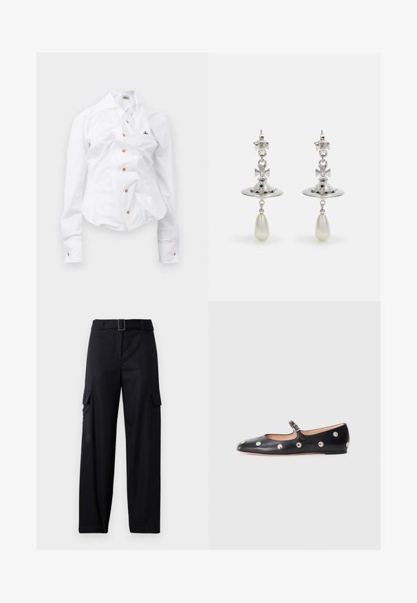 Biała koszula z długim rękawem o dopasowanym kroju. Posiada dużą kołnierz, zapięcie na guziki z przodu z brązowymi guzikami oraz małe haftowane logo.; Czarne spodnie cargo o prostym kroju, z dwoma bocznymi kieszeniami i paskiem z prostokątną klamrą. Gładka tekstura materiału.; Czarne skórzane buty typu Mary Jane na płaskim obcasie z zaokrąglonym czubkiem, ozdobione srebrnymi okrągłymi ćwiekami oraz regulowanym paskiem z klamrą.; Srebrne kolczyki z okrągłym kółkiem, ozdobione błyszczącymi kamieniami i wiszącą perełką w kształcie kropli. Charakterystyczny wzór z misternymi akcentami.