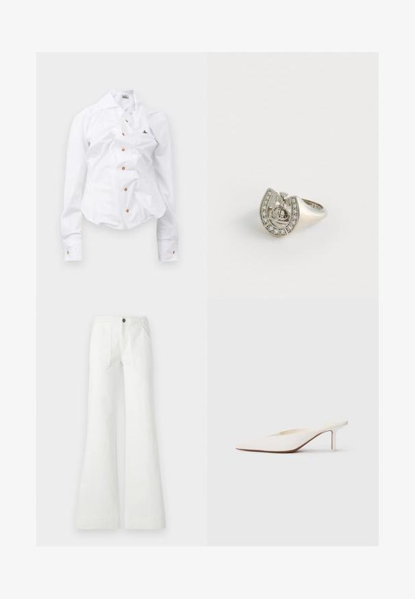 Fehér, hosszú ujjú ing, karcsú szabással. Nagy gallérral, elöl barna gombos záródással, és egy kis hímzett logóval rendelkezik.; Fehér, bővülő szabású nadrág, szőtt anyagból, fonott derékkal, két elülső zsebbel és sima textúrával. Fekete gombbal záródik.; Hegyes orrú fehér papucs alacsony stiletto sarkúval. Simább anyagból készült, minimalista dizájnnal és diszkrét barna talp részlettel.; Ezüst gyűrű, amely patkó formájú, a külső szélen apró, tiszta kövekkel díszítve, a középső részén pedig egy kereszt motívummal.