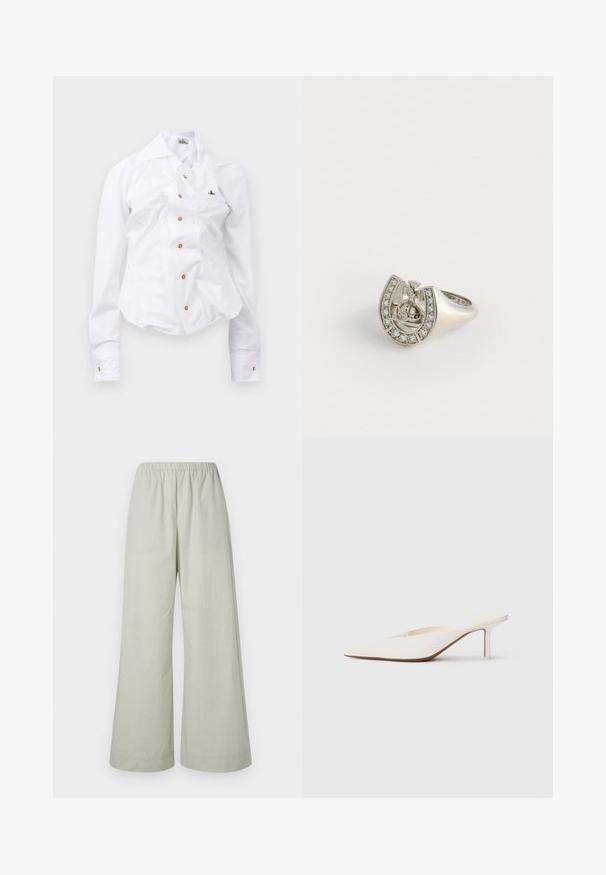 Cămașă albă cu mânecă lungă, cu un design ajustat. Are un guler mare, închidere frontală cu nasturi maro și un mic logo brodat.; Pantaloni largi de culoare verde deschis, cu talie elastică, confecţionaţi dintr-un material neted cu un model subtil texturat. Fără buzunare sau elemente metalice.; Mule alb cu vârf ascuțit și toc stiletto mic. Fabricat din material neted, cu un design minimalist și detalii subtile pe talpa bej.; Inel argintiu în formă de potcoavă, decorat cu mici pietre transparente pe marginile exterioare și cu un design central care prezintă o cruce.