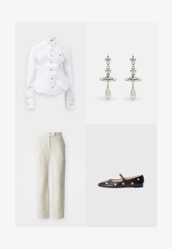 Bílá košile s dlouhým rukávem a přiléhavým střihem. Má velký límec, přední zapínání na knoflíky s hnědými knoflíky a malé vyšívané logo.; Bílé lněné kalhoty se šitým střihem, mají plochý přední díl a rovné nohavice. Hladká textura s mírnými záhyby.; Černé kožené baleríny typu Mary Jane s kulatou špičkou, zdobené stříbrnými kulatými nýty a nastavovacími popruhy se sponou.; Stříbrné náušnice s kruhovým kroužkem, zdobené třpytivými kameny a kapkovou perlou jako přívěskem. Výrazný design s propracovanými detaily.
