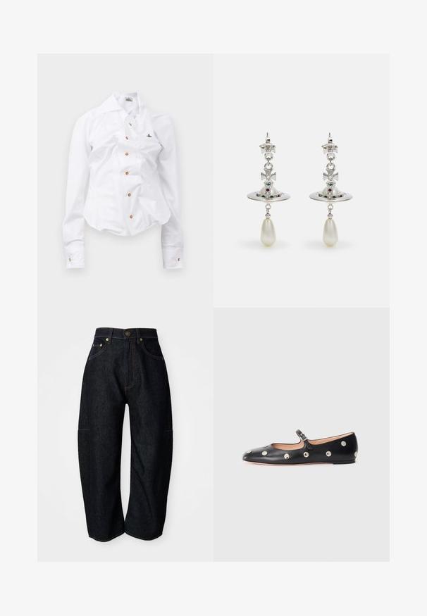 Fehér, hosszú ujjú ing, karcsú szabással. Nagy gallérral, elöl barna gombos záródással, és egy kis hímzett logóval rendelkezik.; Sötét farmernadrág laza szabással, finom narancssárga varrással, elülső zsebekkel és lapos derékrésszel, gombos záródással.; Fekete bőr Mary Jane lapossarkú cipő, lekerekített orral, ezüst színű kör alakú szegecsekkel és állítható pánttal, csattal.; Ezüst fülbevalók, kör alakú karikával, ragyogó kövekkel díszítve, és egy csepp formájú gyöngy medállal. Különleges design finom részletekkel.