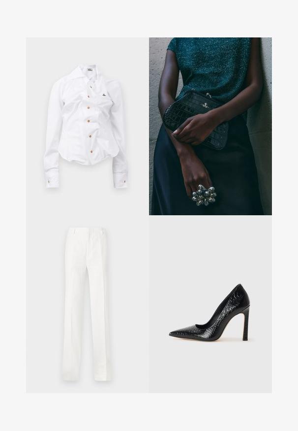 Valkoinen pitkähihaisen paita, jossa on slim fit -muotoilu. Sisältää suuren kauluksen, edessä nappisuljenta ruskeilla nappeilla sekä pienen brodeeratun logon.; Valkoiset suorat housut, jotka on valmistettu kevyestä kankaasta. Housuissa on tasainen etuosa, vyölenkit ja ei näkyviä kuvioita tai koristeita.; Musta kapea nilkkakorkokenkä krokotiilin nahkakuviolla, joka on varustettu tyylikkäällä muotoilulla, korkealla stiletto-korkealla ja sileällä mustalla sisäosalla.; Musta krokotiilihäntäinen penaali, jossa on hopeiset yksityiskohdat, pidetään teksturoitua harmaata taustaa vasten. Pintamateriaali kiiltävä.