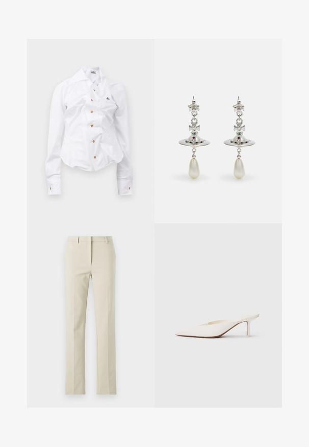 Balts garām piedurknēm krekls ar pieguļošu dizainu. Iekļauj lielu apkakli, priekšējo pogu aizdari ar brūnām pogām un mazu izbrodētu logotipu.; Bežīgas pielāgotas bikses ar seklu priekšpusi, taisnām kājām, jostu cilpām un gludu tekstūru. Minimālisks dizains bez redzamiem rakstiem.; Punktveidīgi baltie mūļi ar zemu stiletto papēdi. Izgatavoti no gludas materiāla ar minimālistisku dizainu un smalku brūnganu zoles akcentu.; Sudraba auskaru dizains ar apaļu gredzenu, rotātu ar mirdzošām akmeņiem un asarveida pērli. Izteiksmīgs dizains ar sarežģītām akcentiem.