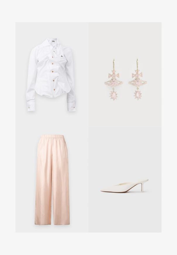 Weißes Langarmhemd mit figurnahem Design. Verfügt über einen großen Kragen, eine Frontknopfleiste mit braunen Knöpfen und ein kleines, besticktes Logo.; Hose aus hellrosa Satin mit lockerem Schnitt, ausgestattet mit einem elastischen Bund und weitem Bein. Glatte Textur ohne sichtbare Muster oder Akzente.; Weißer Mule mit spitzem Zehenbereich und niedrigem Stiletto-Absatz. Hergestellt aus glattem Material mit minimalistischen Design und dezenten, tanfarbenen Sohlenakzenten.; Rosa Edelsteinohrstecker mit Schleifen-Design, das eine geschichtete Struktur und funkelnde Akzente aufweist; das Metall-Hardware behält ein poliertes Finish.