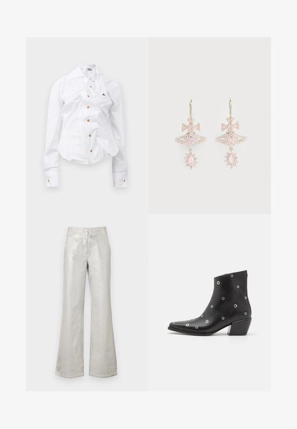 Chemise blanche à manches longues au design ajusté. Dispose d'un grand col, d'une fermeture à boutons sur le devant avec des boutons marron, et d'un petit logo brodé.; Pantalons évasés argentés en matériau brillant, dotés d'un bouton frontale, de deux poches et de détails de couture visibles.; Botte de cheville en cuir noir avec des œillets en argent, bout pointu et talon bloc. Design épuré avec une texture lisse.; Boucles d'oreilles en pierre précieuse rose avec un design en nœud, mettant en avant une structure superposée et des accents scintillants ; la quincaillerie en métal conserve une finition polie.