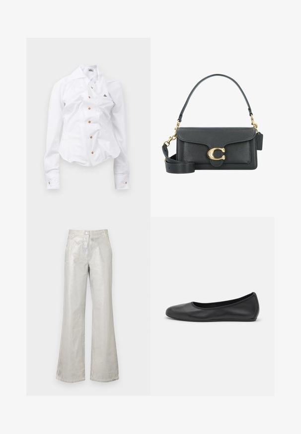 Weißes Langarmhemd mit figurnahem Design. Verfügt über einen großen Kragen, eine Frontknopfleiste mit braunen Knöpfen und ein kleines, besticktes Logo.; Silberne Schlaghosen aus glänzendem Material, mit einem Knopfverschluss vorne, zwei Taschen und sichtbaren Nähten.; Schwarze Leder-Ballettschuhe mit abgerundeter Spitze, glatter Textur, minimalen Nähdetails und einem flexiblen Sohlen-Design.; Schwarze Lederhandtasche mit goldenen Hardware-Akzenten, ausgestattet mit einem charakteristischen Verschluss, einem abnehmbaren Schultergurt und einer strukturierten Oberfläche.
