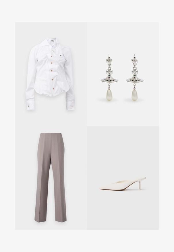 Balta ilgomis rankovėmis marškiniai su prigludusia išvaizda. Yra didelis apykaklė, priekinis užsegimas su rudais mygtukais ir mažas siuvinėtas logotipas.; Pilkos pritaikytos kelnės su aukštu liemeniu, plačiomis kojomis ir aštriais priekinių raukšlių akcentais. Pagamintos iš lygaus audinio, su švariais kraštais ir be matomos aparatūros.; Smailas balti mules su smailiu priekiniu pasagų ir žemu aukštu kulnu. Pagaminti iš lygios medžiagos, minimalistinio dizaino su subtiliu smėlio spalvos pado akcentu.; Sidabrinės auskarai su apvaliu žiedu, papuošti spindinčiomis akmenimis ir ašarėlės formos perlo pakabučiu. Išskirtinis dizainas su rafinuotais akcentais.