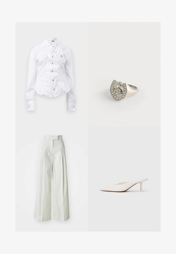 White long-sleeve shirt with a fitted design. Features a large collar, front button closure with brown buttons, and a small embroidered logo.; Wide-leg trousers in light green with vertical white stripes. Features a high waist, belt loops, and a smooth cotton texture.; Pointed-toe white mule with a low stiletto heel. Made of smooth material with a minimalist design and subtle tan sole detail.; Silver ring shaped like a horseshoe, adorned with small clear gems along the outer edge and a central design featuring a cross.