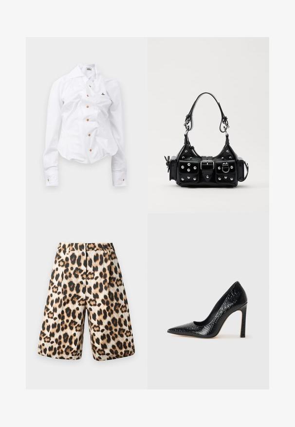 Biela dlhá košeľa s priliehavým strihom. Má veľký golier, predné zapínanie na hnedé gombíky a malé vyšívané logo.; Šortky s leopardím vzorom, ktoré kombinujú béžové a čierne odtiene, s plisovaným dizajnom a bočnými vreckami. Vyrobené z hladkej tkaniny s lesklým povrchom.; Čierna lodička s špicatou špičkou a lakovanou textúrou krokodíla, s elegantným dizajnom, vysokým stiletto podpätkom a hladkým čiernym interiérom.; Čierna kožená kabelka s zakriveným dizajnom, doplnená striebornými cvočkami, prackou a dvoma bočnými vreckami. Nastaviteľný popruh poskytuje rôzne možnosti nosenia.