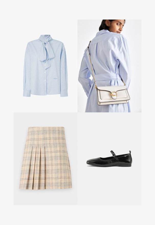Ljusblå randig blus med en fluga vid kragen, långa ärmar, knappstängning och en diskret logotyp i nedre högra hörnet.; Fållad rutkjol i beige med blå och bruna linjer, med en skräddarsydd midja och textil med struktur för en välordnad look.; Svarta lackläderslägenheter med spetsig tå, en rem vid ankeln med spänne och en slät, glänsande yta. Låg klack för komfort.; Vit läderhandväska med guldfärgad hårdvara, en frontklaff och svarta kanter, med en kedjeslinga som bärs över kroppen mot en ljusblå skjorta.