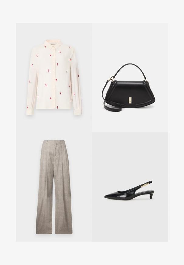 Heleda beež pikkade varrukatega särk, millel on nööbiga krae, punase linnu tikandid üle kogu särgi ning nööpidega kinnitused ees ja mansettide juures.; Heledad hallhallid, mis on heledahallid ja laiad, millel on peen hundihammaste muster, voltid, vöölookupid ja sile tekstuur.; Mustad nahast slingback kontsad terava ninaga, millel on õhuke konts ja kuldse tooni aktsent reguleeritaval rihmal. Sile tekstuur.; Must mustrist käekott, millel on struktureeritud disain, lühendatud kuju, ülemine käepide ja kuldne metallist detail. Reguleeritav õlalihm on kaasas.