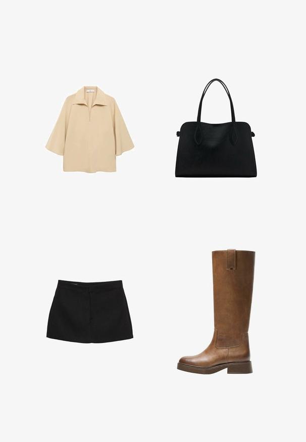 Bežna bluzica iz lahkega materiala, z širokim ovratnikom, polnim zatičem in rokavi do komolcev ter ohlapnim krojem.; Črna mini krilo s strukturiranim pasom, gladko teksturo in ravno silhueto. Ima brez vidnih žepov ali okrasnih elementov.; Bralne usnjene škornje do kolen z zaobljenim nosom, teksturirano površino in nizkim platiščem. Imajo stranski panel in zanko za poteg na vrhu.; Črna usnjena torbica z dvema naramnima trakoma, pravokotne oblike in minimalističnim dizajnom na beli podlagi.