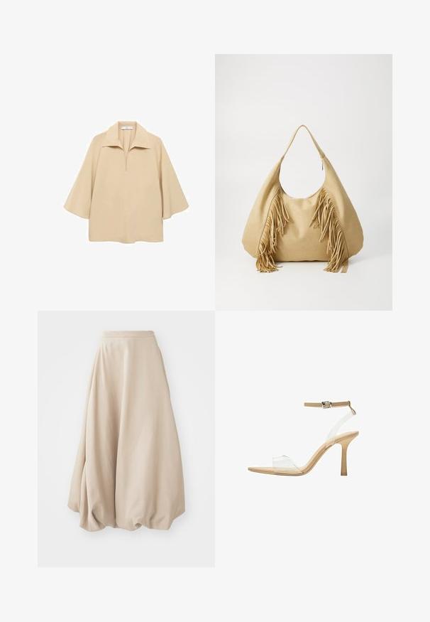 Béžová blúzka vyrobená z ľahkej tkaniny, s širokým golierom, poloklopom a rukávmi s dĺžkou po lakte, vo voľnom strihu.; Bežová balónová sukňa vyrobená z jemnej látky. Má vysoký pás a objemný dizajn s nariasenou textúrou na leme.; Priehľadné sandále na vysokom podpätku s transparentným zvrškom, béžovou stielkou a štíhlym remienkom na členku. Majú špicatú špičku a tenký vysoký podpätok.; Svetlohnedá semišová kabelka cez rameno s veľkým otvorom a dlhými frnčami po oboch stranách, s hladkým textura a jedným uchom.