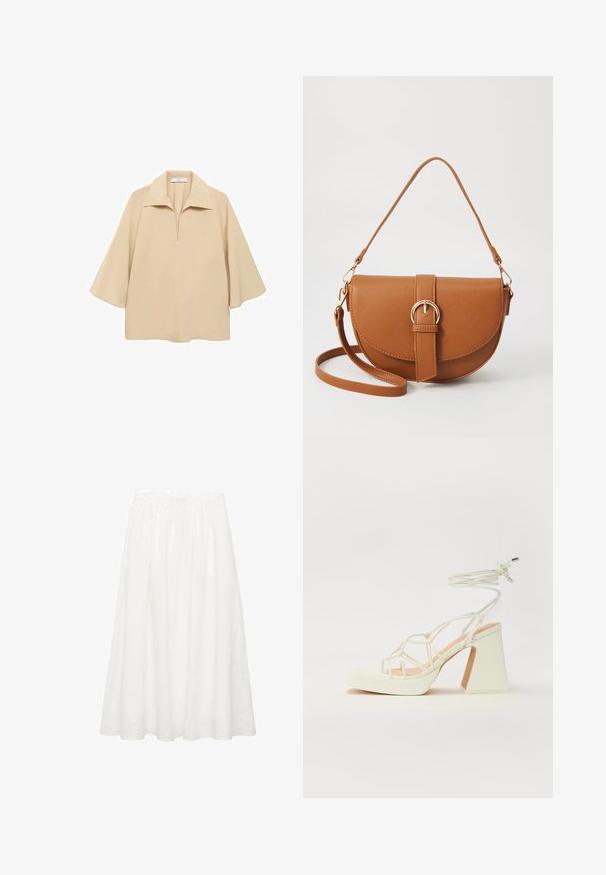 Beige paita valmistettu kevyestä kankaasta, jossa on leveä kaulus, puolipitkä nappilista ja kyynärpäälle ulottuvat hihat löysällä istuvuudella.; Valkoinen, keskipitkä A-linjainen hame, joka on valmistettu kevyestä puuvillasta. Siinä on elastinen vyötärö ja virtaava muotoilu ilman näkyviä kuvioita tai koristeita.; Valkoinen korkokenkä, jossa on paksu korko, ja joka sisältää nauhakiinnityksen ja nilkkaketjun. Sujuva pinta, jossa on platform-etupohja lisäkorkeutta varten.; Ruskean nahkainen olkalaukku, jossa on kaareva muoto, kultaiset yksityiskohdat ja solkiyksityiskohta. Varustettu irrotettavalla olkahihnalla.