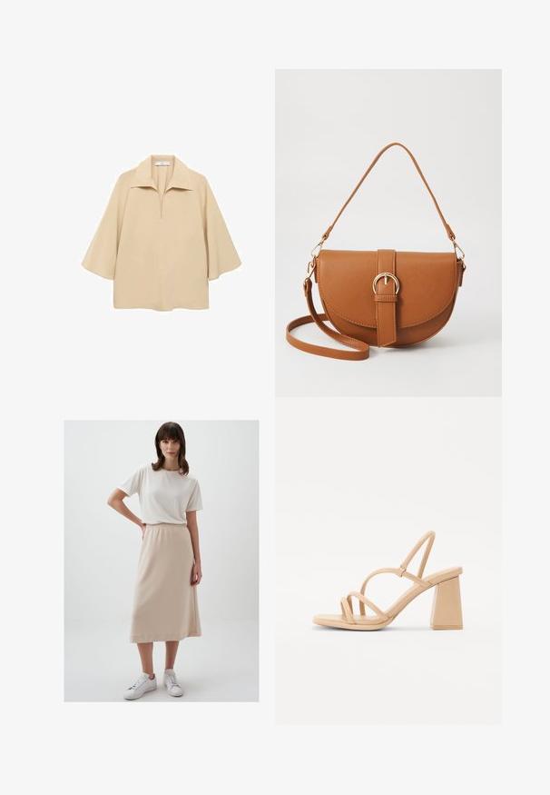 Blouse beige en tissu léger, dotée d'un large col, d'une demi-ouverte et de manches mi-longues avec une coupe ample.; Jimmy Key BASIC COMFORTABLE MIDI SKIRT - Jupe trapèze - bej-130; Sandale nu en cuir verni avec un talon carré, des fines lanières et une finition lisse et brillante. Design simple avec un dessus strappy.; Sac bandoulière en cuir marron avec une forme incurvée, quincaillerie dorée et un accent en boucle. Comprend une bandoulière détachable.