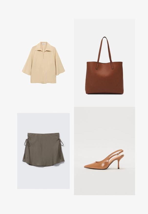Bluză bej, realizată dintr-un material ușor, cu un guler larg, placket pe jumătate și mâneci până la cot, cu o croială lejeră.; Fustă scurtă maro cu șnururi laterale ajustabile și detalii pliate pe ambele părți, expusă pe un fundal alb simplu.; Pantofii cu toc slingback, cu vârful ascuțit, dintr-un material tan neted și strălucitor. Prezintă un design cu decupaj curbat și un toc subțire stil stiletto. Detaliu cu cataramă argintie.; Geantă de umăr din piele maro cu o textură netedă, design cu vârf deschis și două curele pentru umăr. Prezintă cusături minime și fără componente metalice vizibile.