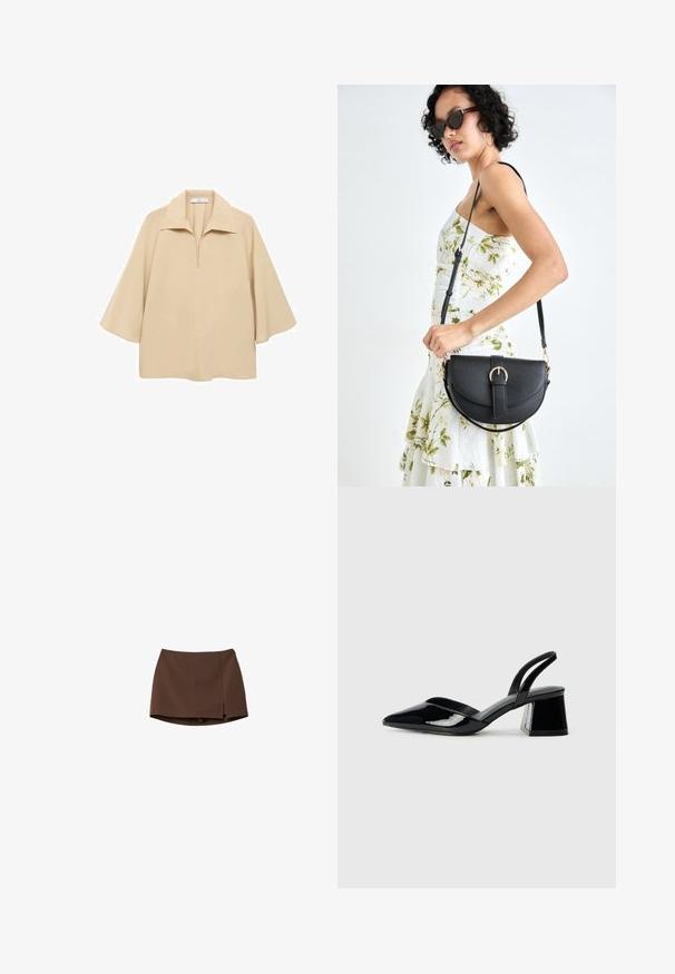 Blouse beige en tissu léger, dotée d'un large col, d'une demi-ouverte et de manches mi-longues avec une coupe ample.; Jupe marron en tissu lisse, avec une coupe droite et une fente sur le côté. Design simple sans motifs ni détails métalliques.; Escarpins en cuir verni noir avec bout pointu et talon bloc géométrique. Présente un design élégant et minimaliste ainsi qu'une texture lisse.; Sac à main en cuir noir avec une forme courbée, bandoulière amovible et des accessoires en or. Le sac est doté d'un rabat avec un détail de boucle.